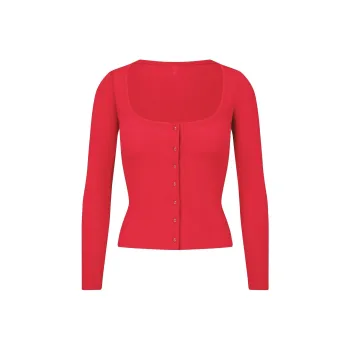 SKIMS Fake Day Collection FW24 COTTON RIB LONG SLEEVE BUTTON UP Knitwear Women's Cranberry/Gooseberry