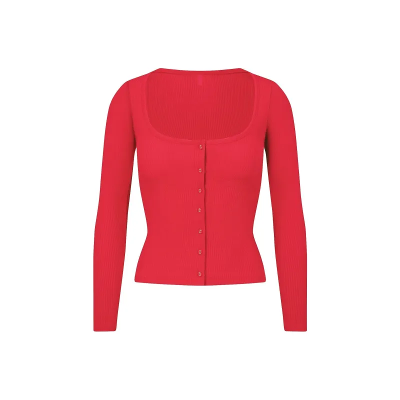 SKIMS Fake Day Collection FW24 COTTON RIB LONG SLEEVE BUTTON UP Knitwear Women's Cranberry/Gooseberry-0