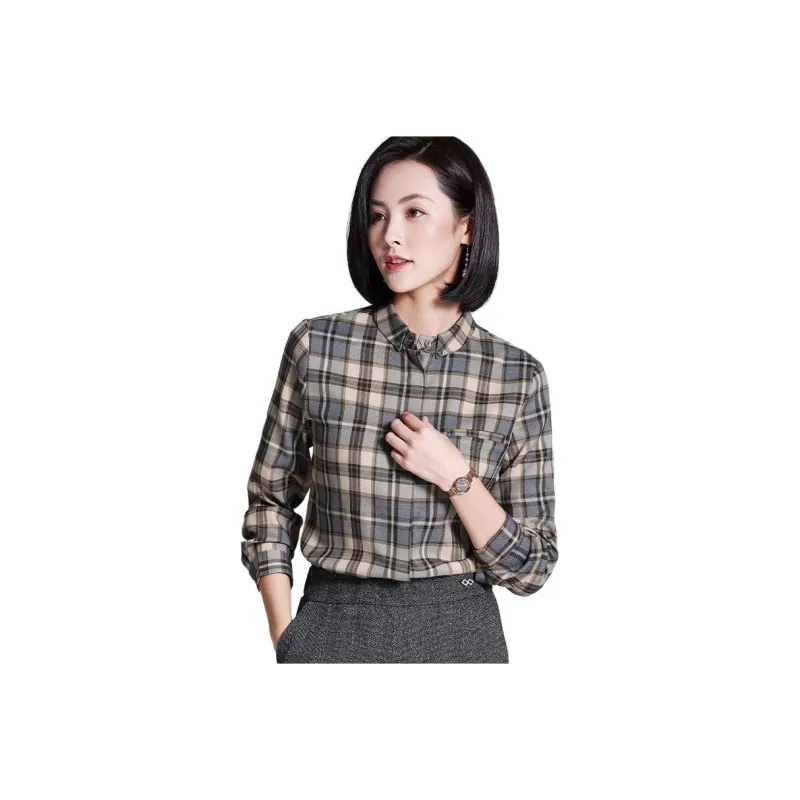 Lucybaily Shirt Women's Gray Coffee Plaid-8
