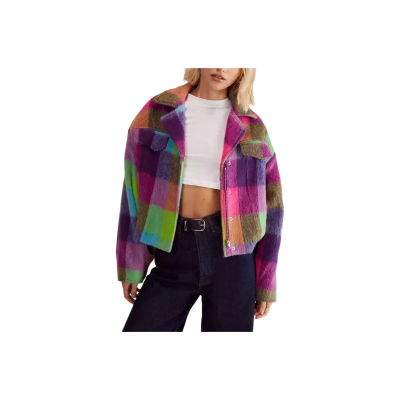 NASTY GAL Check Wool Blend Trucker Jackets Coats Women's Multicolor-0