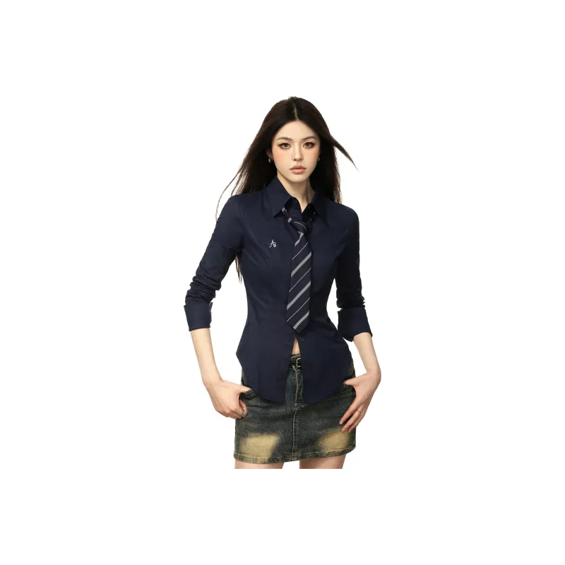 Aaisup Shirts Women's Navy Blue[Includes Tie]-0
