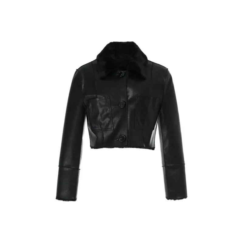 NOT YOUR ROSE FW24 Short Reversible Leather Mustang Jackets Coats Women's Black-0