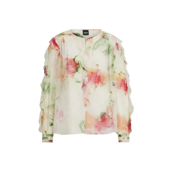 HUGO BOSS Printed Blouse In Crinkle Crepe With Frilled Trim Shirt Women's Multicolor