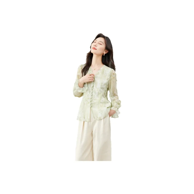 VIMLY Chiffon Shirts Women's Green Multicolor-0
