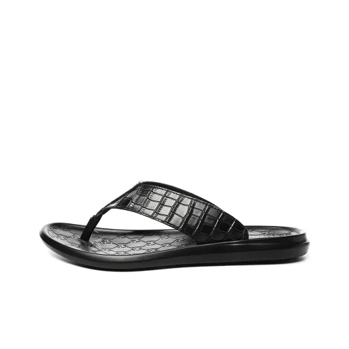 Dunnu Rubber Sole Leather Patchwork Quiet Flip Flops Men's Black