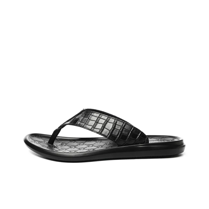 Dunnu Rubber Sole Leather Patchwork Quiet Flip Flops Men's Black-0