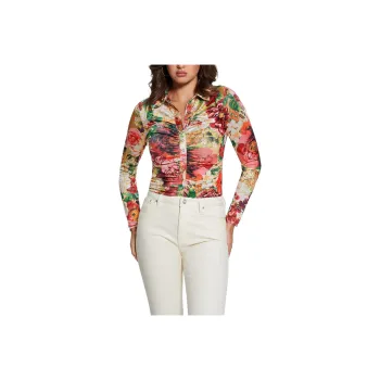 GUESS Milana Shirred Printed Blouse Shirt Women's Multicolor
