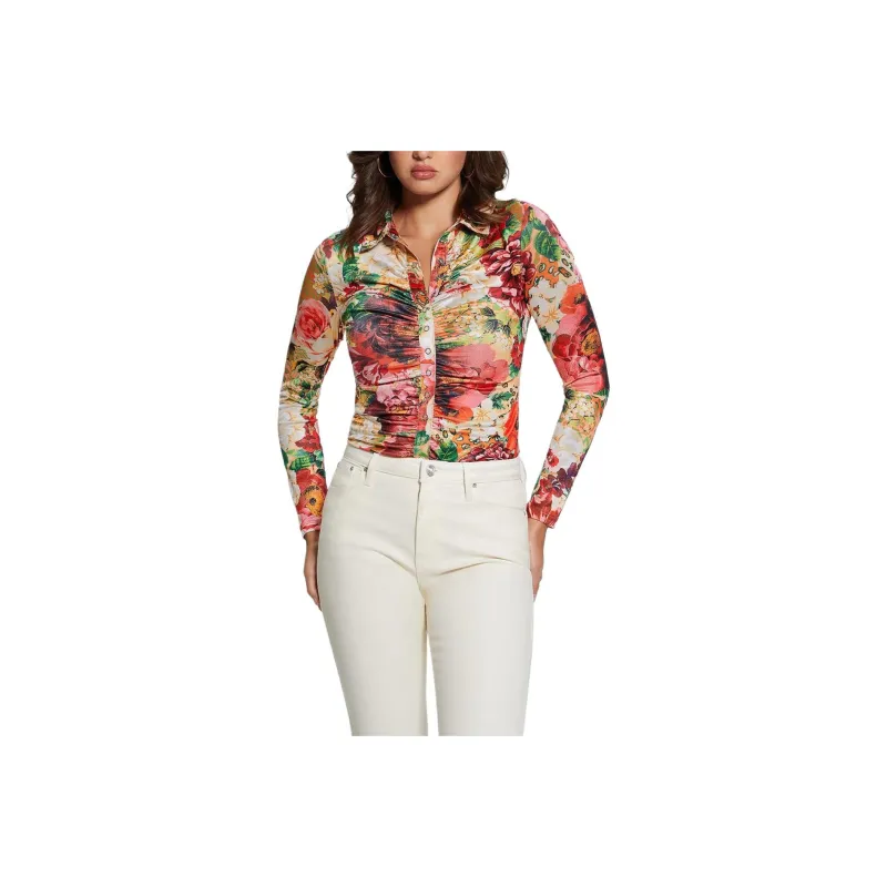 GUESS Milana Shirred Printed Blouse Shirt Women's Multicolor-0