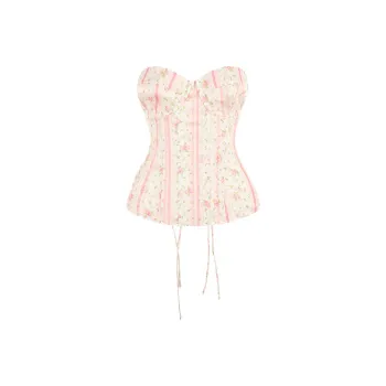 Selkie Collection SS25 Strapless Top Women's White Base Small Rose Vertical Stripes Print