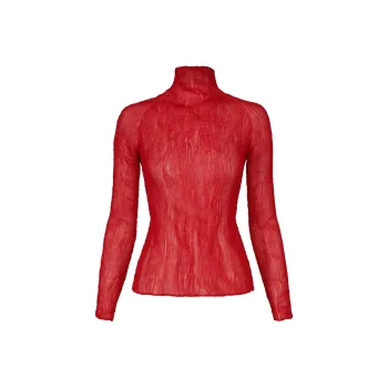 ISSEY MIYAKE Slim Fit Turtleneck Pullover Solid Color Long Sleeved T Shirt Women's Red