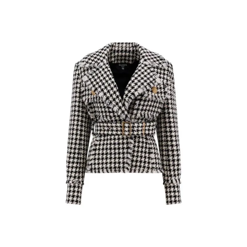 BALMAIN Houndstooth Tweed Belted Jacket-0