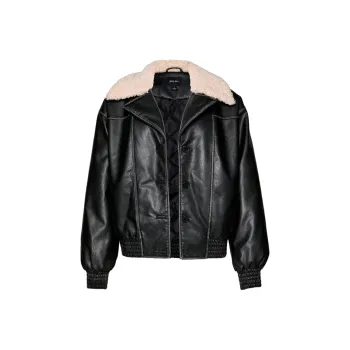 NASTY GAL Fur Collar Oversized Faux Leather Bomber Jackets Coats Women's Black