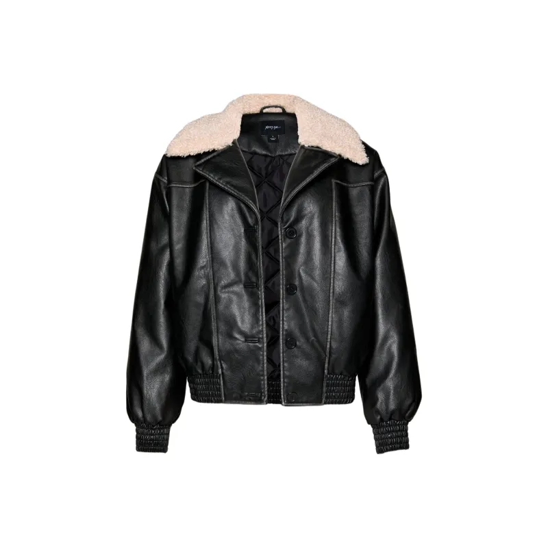 NASTY GAL Fur Collar Oversized Faux Leather Bomber Jackets Coats Women's Black-0