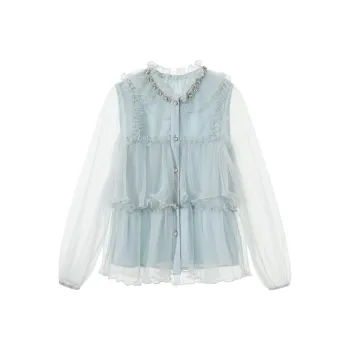 Fish Rabbits Chiffon Shirt Women's Light Blue