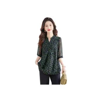 Cypress House Shirt Women's Deep Navy Blue With Green Floral Pattern