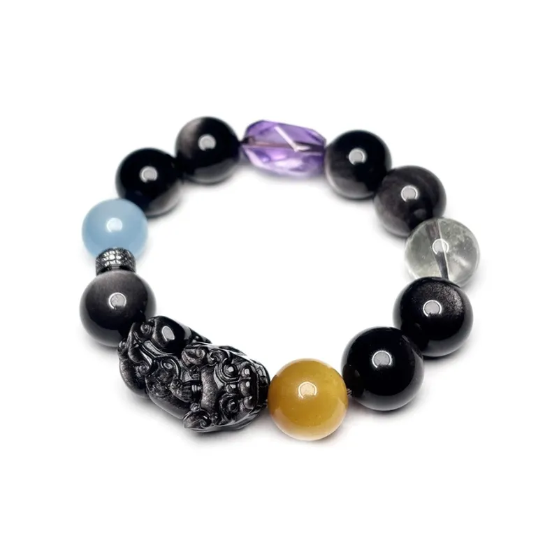 MOUNTAINS AND MANS Natural Obsidian New Chinese Style Luxury Good Luck Beaded Bracelet Men's-4