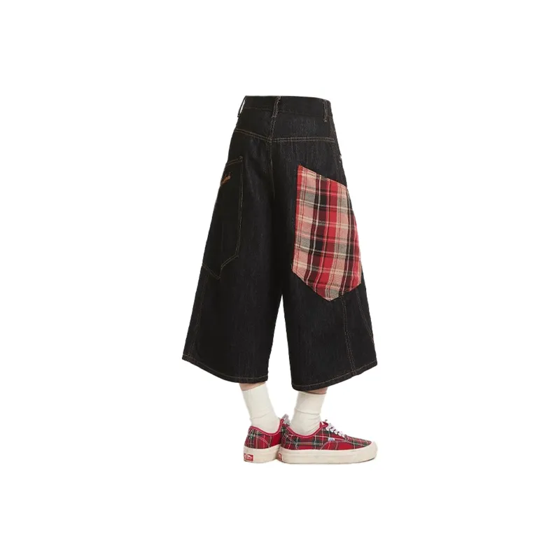 SOIE Denim Shorts Unisex Black Gray Coffee Plaid-3
