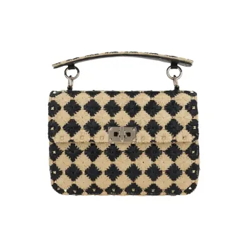 Valentino ROCKSTUD SPIKE Raffia One Shoulder Handbag Medium Size Women's Khaki & Black