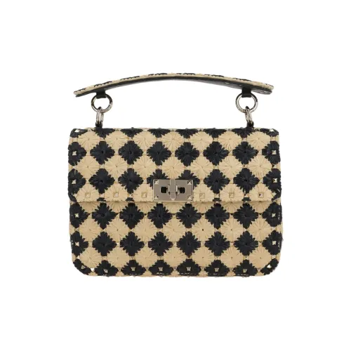 Valentino ROCKSTUD SPIKE Raffia One Shoulder Handbag Medium Size Women's Khaki & Black