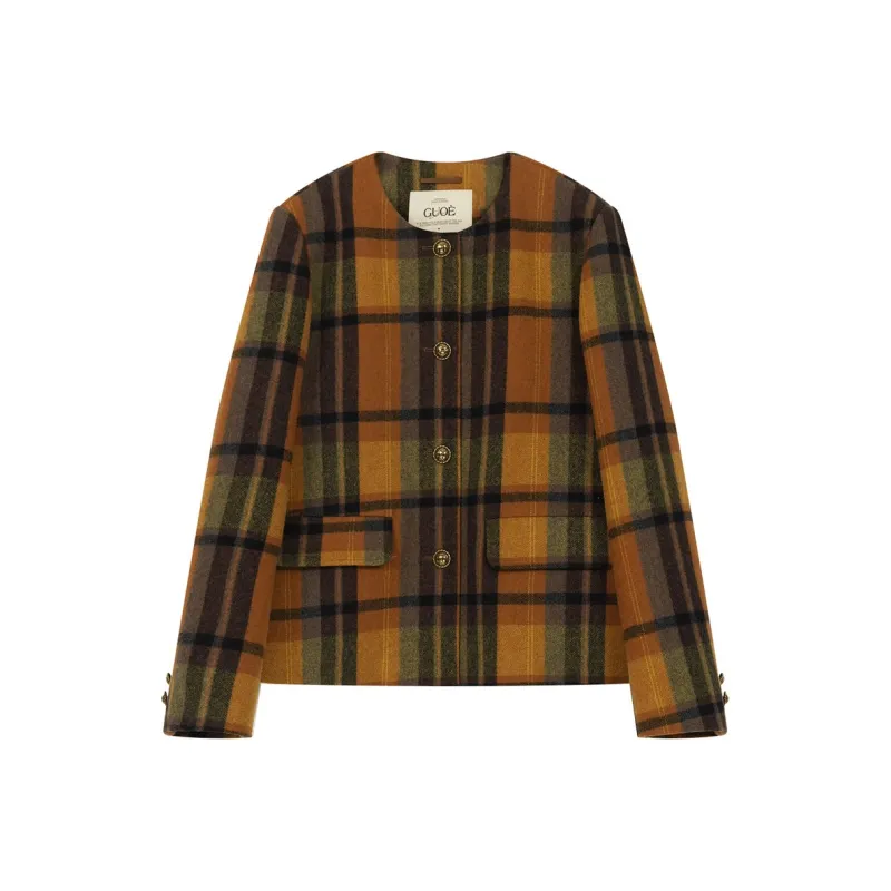 Guoeretro Jackets Women's Orange Brown Plaid-0