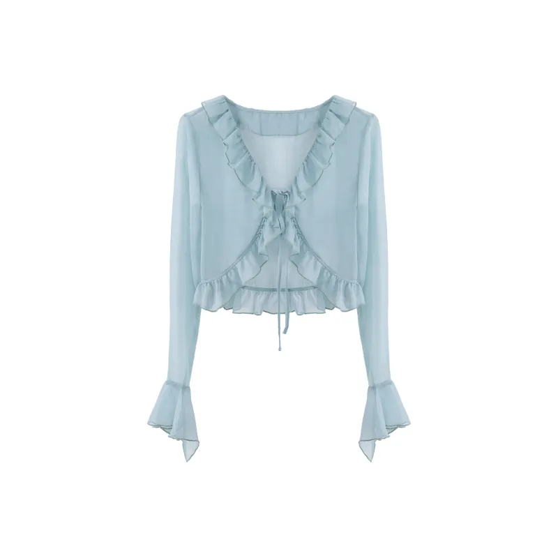 Blovelan Chiffon Shirt Women's Peacock Blue; Cardigan-0
