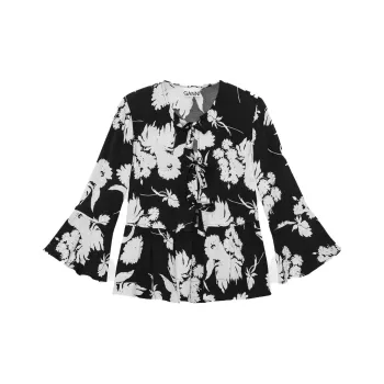 GANNI Printed Crepe Peplum Blouse Shirt Women's Black