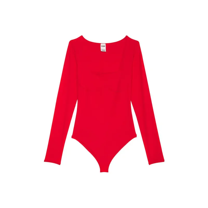 Victoria's Secret PINK Base Stretch Square-Neck Long-Sleeve Bodysuit/RP Bodysuits Women's Red Chili Pepper-0