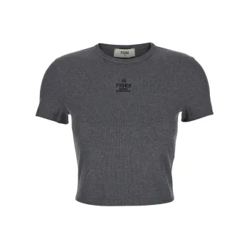 FENDI Logo Lettering Ribbed Cropped T Shirt