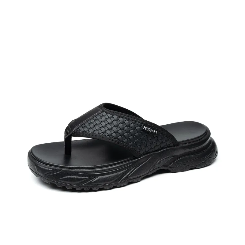 FED EVA Leather Patchwork Slip Resistant Flip Flops Men's Black-1