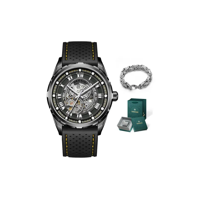 DEESIO Automatic Mechanical Movement Rubber Strap Men's Watches Cut Out Dial-13