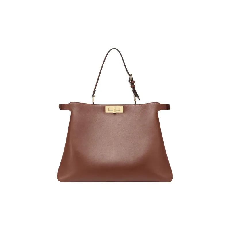 FENDI Peekaboo Calfskin One Shoulder Handbag Large Size Women's Brown-4