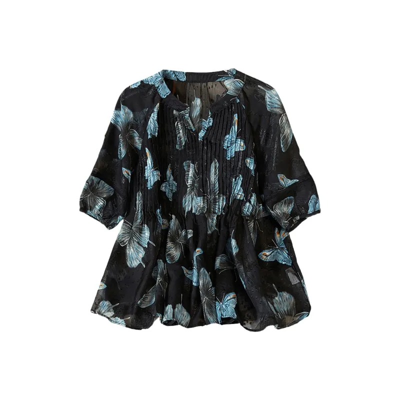 TOUCH Shirt Women's Black Blue Butterfly-0