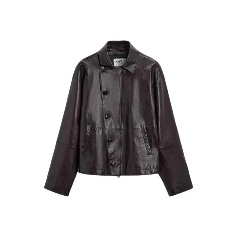 ZARA Leather Jacket Men's Dark Red Color-0