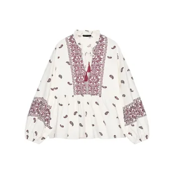 ZARA Shirt Women's Crimson Red/Light Beige Yellow