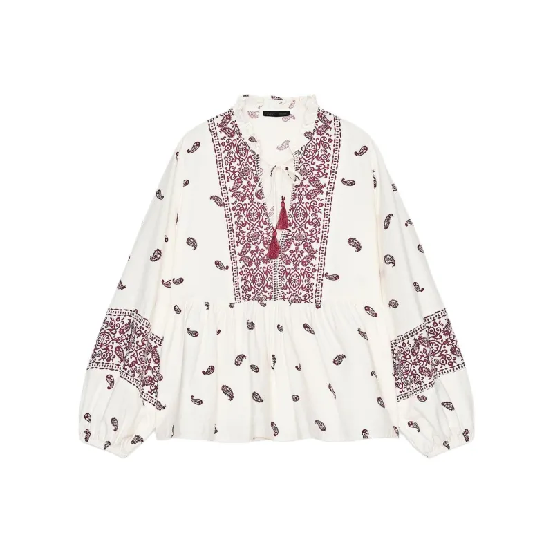 ZARA Shirt Women's Crimson Red/Light Beige Yellow-0