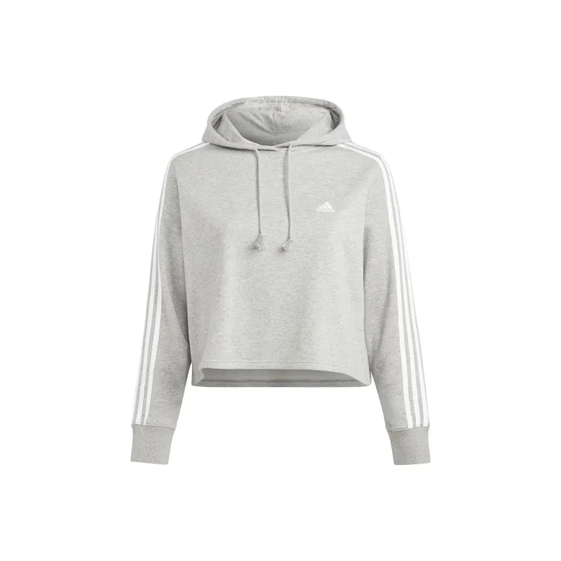 Adidas Essentials 3-Stripes French Terry Crop Hoodie Plus Size Sweatshirt Women's Gray-0
