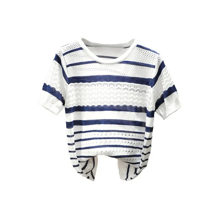 Cypress House Knitwear Women's White Base Navy Blue Stripes-0