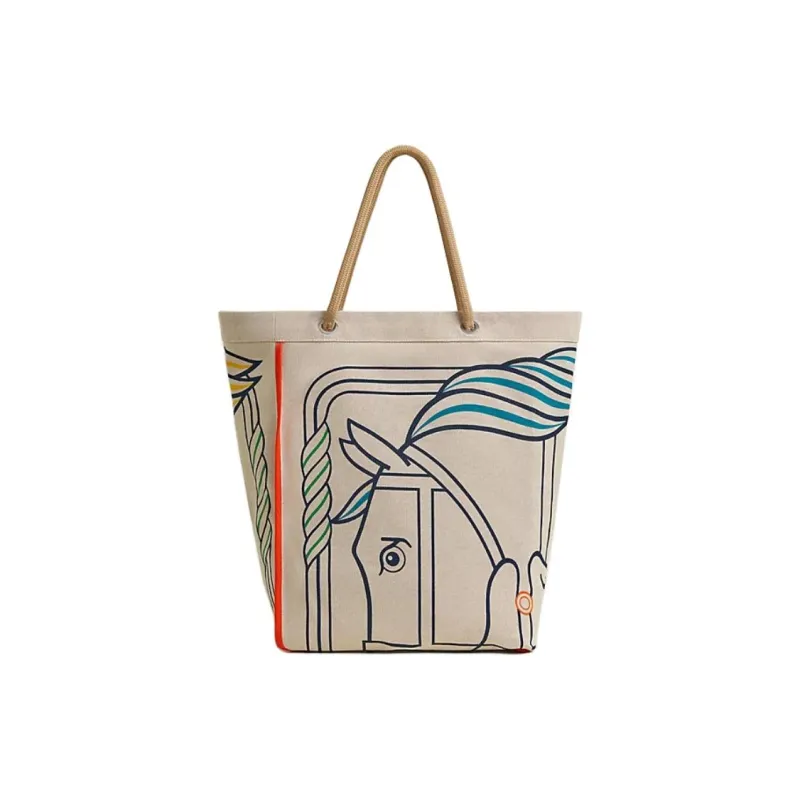 HERMES Medaille Quadrige 100% Cotton Beach Bag, Tote Bag, Shopping Bag, Handbag Women's Blue & Yellow & Pink-2