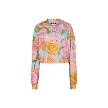BALMAIN Floral print Cropped Hoodie