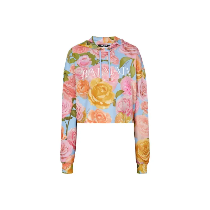 BALMAIN Floral print Cropped Hoodie-0