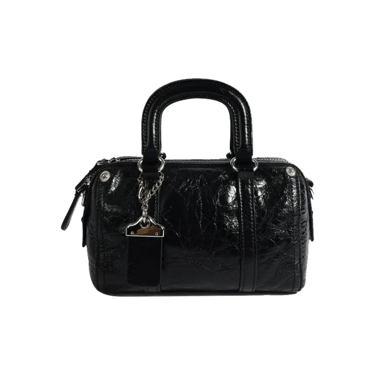 Bullrun Top Grain Cow Leather Boston Bag Handbag Women's Black/Silver/Limestone White-0
