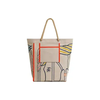 HERMES Medaille Quadrige 100% Cotton Beach Bag, Tote Bag, Shopping Bag, Handbag Women's Blue & Yellow & Pink