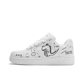 DM Puffy Shoes Sports Casual, Shibuya Style Graffiti Abrasion Resistant Low Top Skateboard Shoes Unisex Dinosaur White