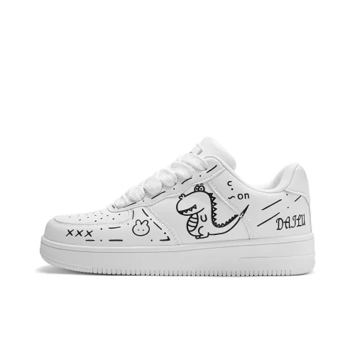 DM Puffy Shoes Sports Casual, Shibuya Style Graffiti Abrasion Resistant Low Top Skateboard Shoes Unisex Dinosaur White