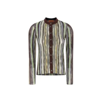 MISSONI Striped Lamé Slub Crewneck Cardigan