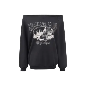 Ariseism Design Print Slanted Shoulder Pullover Sweatshirt, New Off The Shoulder Top For Autumn And Winter Women's
