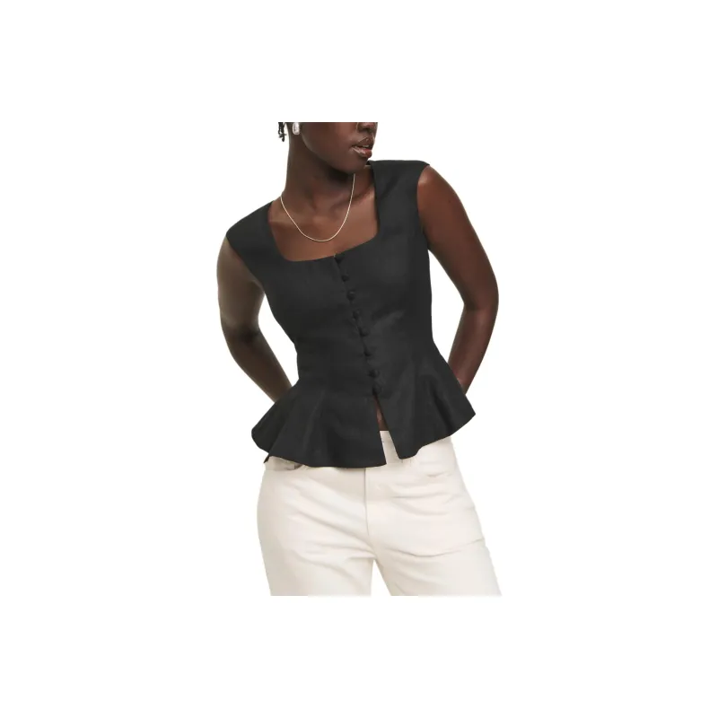 REFORMATION Paolina Linen Top Shirt Women's Black-0