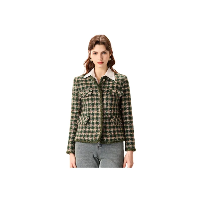 FENHONGMALI Jackets Coats Women's Green Plaid-0