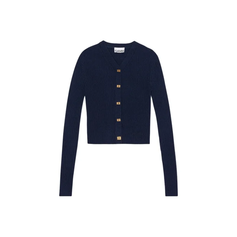 GANNI Blue Mini Ribbed Merino Cardigan Knitwear Women's Marine Blue-0