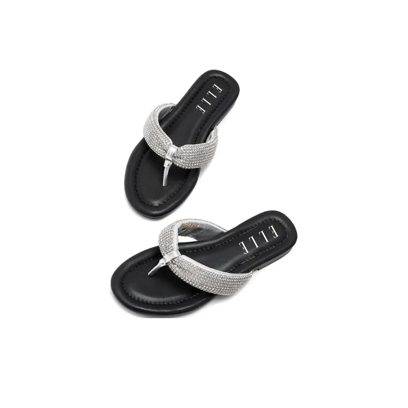 ELLE Rhinestone Flip Flops Women's Black Silver-4